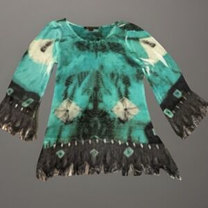 Augghaby Sienna Rose Tunic Top Bohemian Fringe‎ Teal Black Small